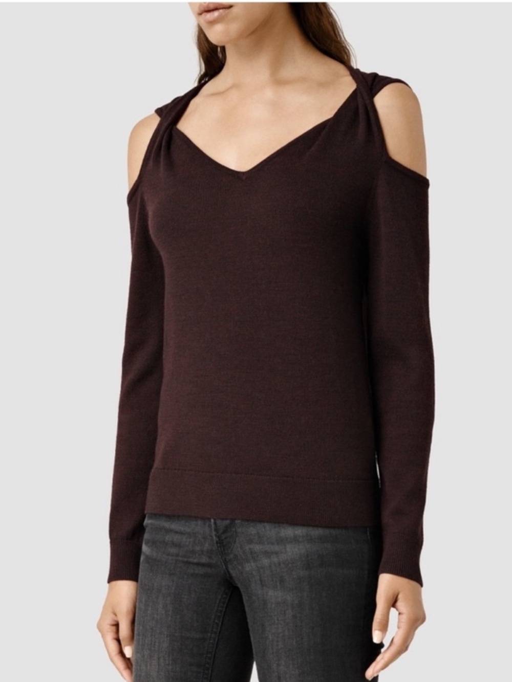 All Saints Off-Shoulder Twist Strap Long Sleeve in Black Sz US 4